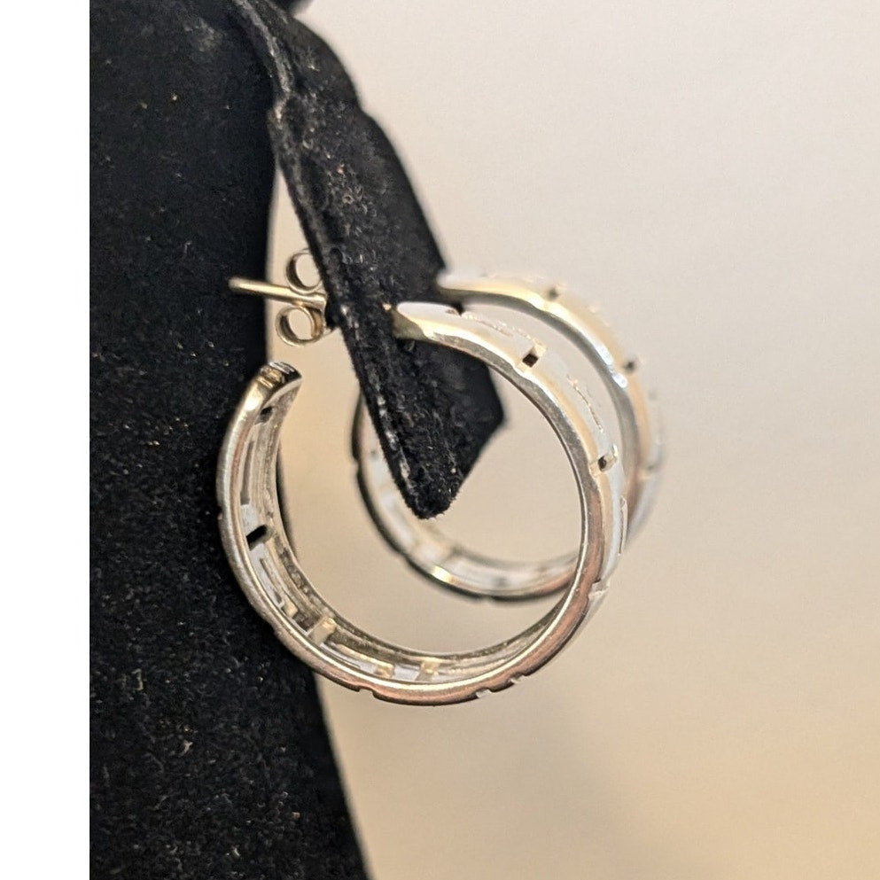 925 Sterling Silver Greek Key Post 1" Round 3/8" Wide Hoop Earrings