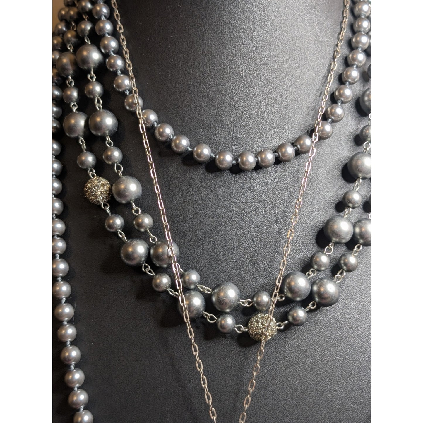 Layered Look Three Silver Pearl Cameo Silver Tone Themed Necklaces