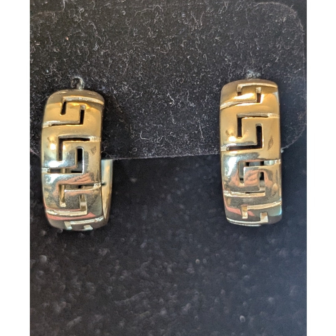 925 Sterling Silver Greek Key Post 1" Round 3/8" Wide Hoop Earrings