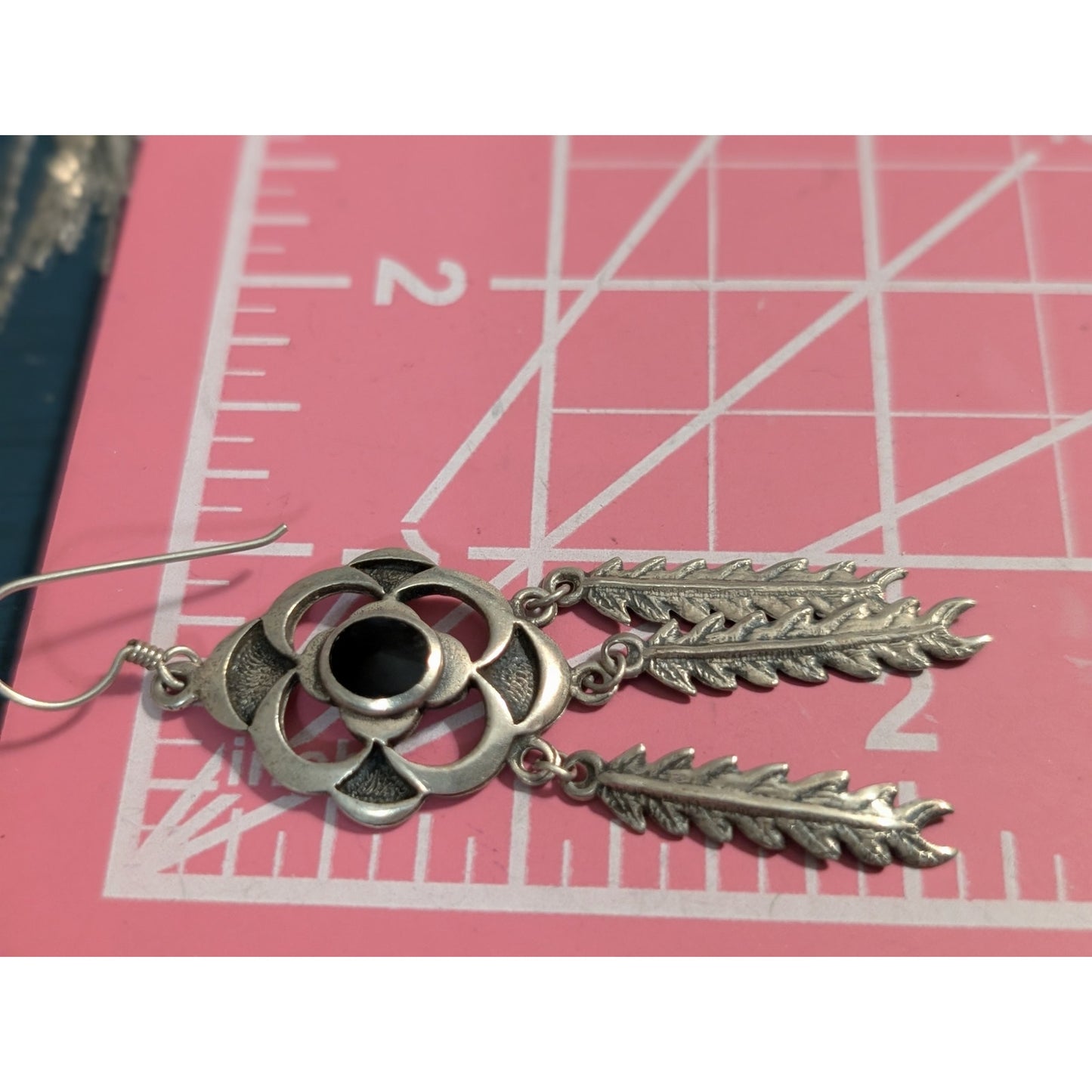 Vintage Sterling Silver Black Onyx Inlay Floral Three Feather Dangle Earrings