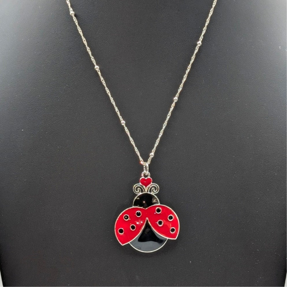 Red Black Enamel Lady Bug Pendant on 925 Italy Sterling Twisted Bead 20" Chain