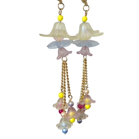 Bell Flower Dangle Beaded Chain Lever Back Earrings