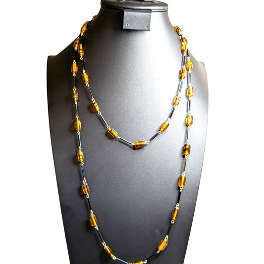 Vintage Amber Glass Black Bar Beaded 54" Long Necklace