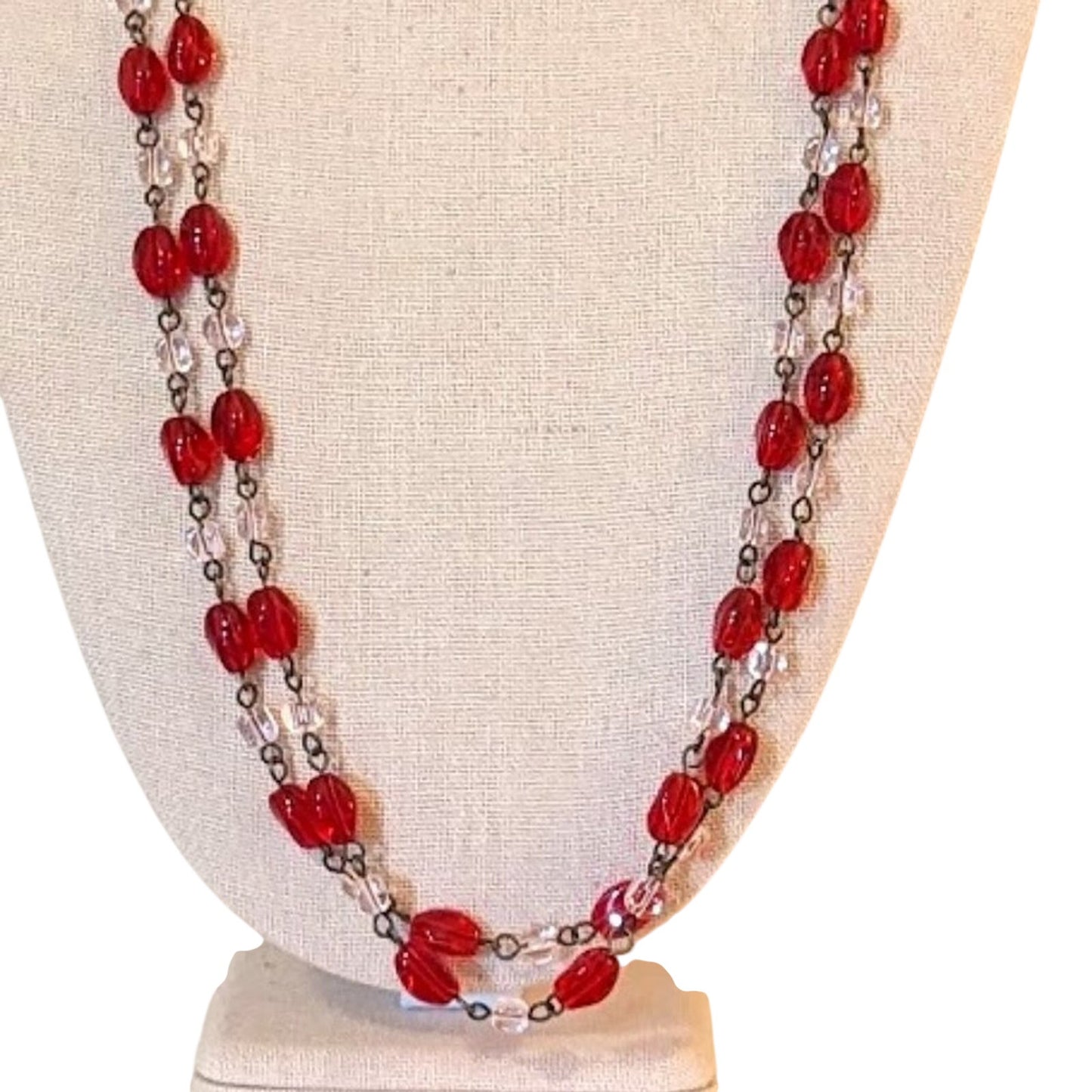 Vintage Red and Clear Glass Bead Rosary Style Chain Necklace