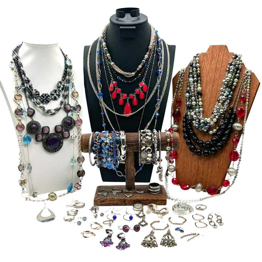 Reseller's Delight 56 Pcs of Silver Tone Vintage to Modern Costume Jewelry