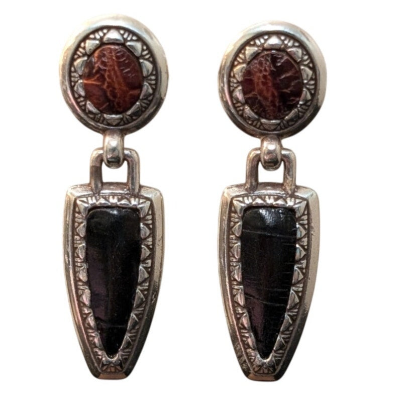 Brighton 'Phoenix' Faux Croc Brown & Black Silver Tone Dangle Pierced Earrings