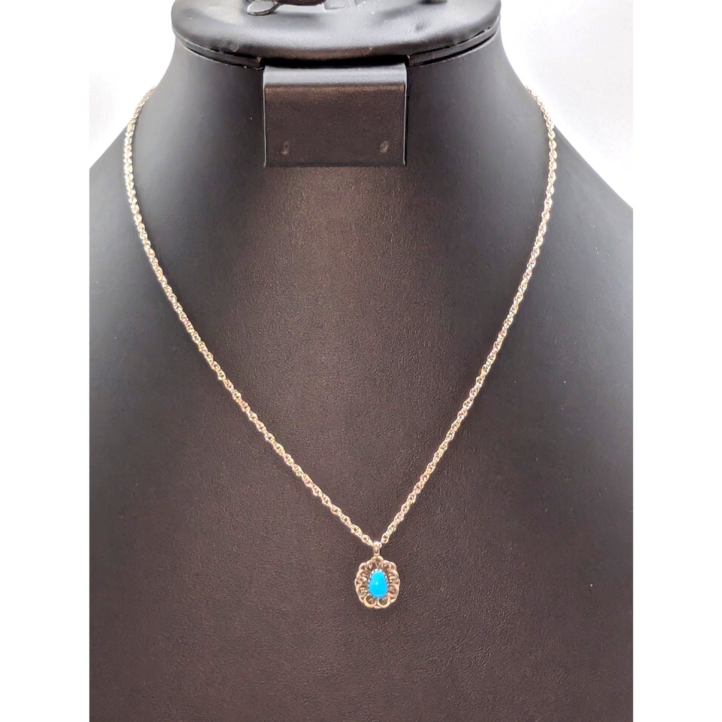 Vintage Turquoise Frilly Border 925 Sterling Silver Pendant 18" Necklace