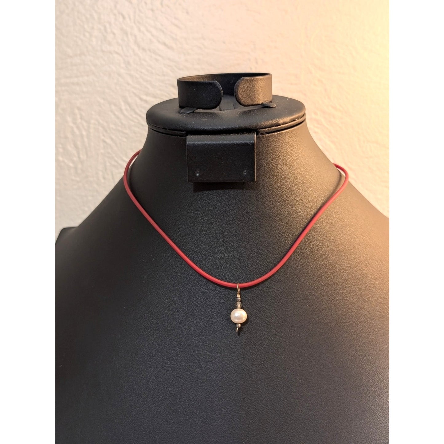 Red Rubber Cord W/ 925 Sterling Silver Clasp & Pearl Pendant 16" Necklace