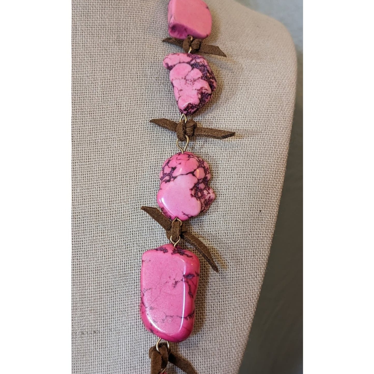 Pink Dyed Stone Necklace Strung Together w/ Rawhide Signed W