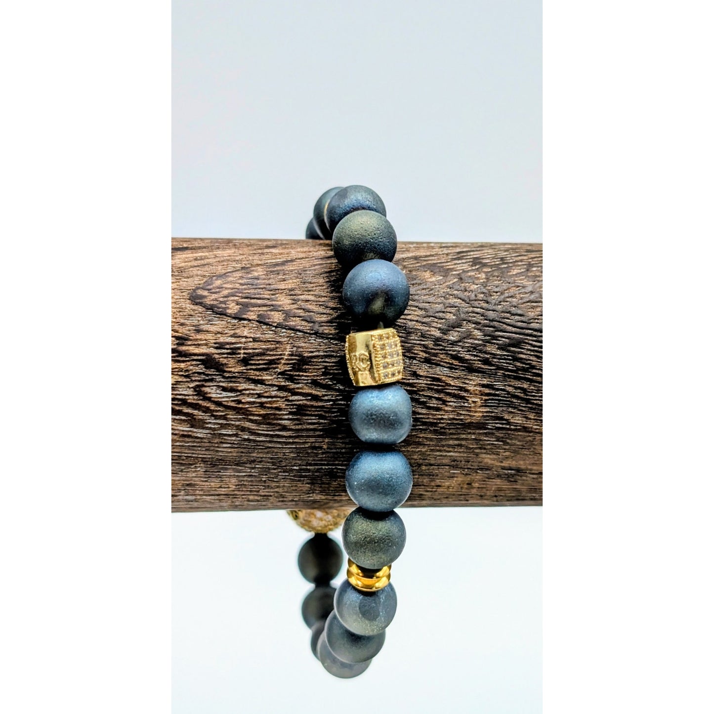 Gray Stone Gold Tone Pave Ball Stretch Bead Bracelet