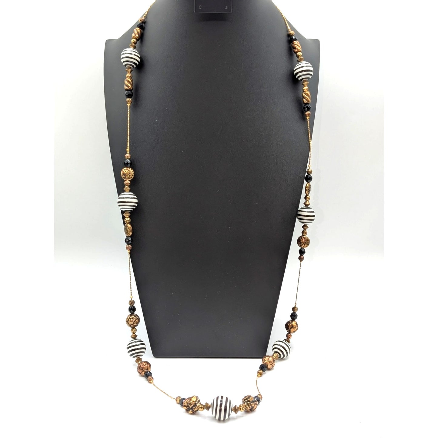 Dabby Reid Black White Striped Gold Tone Beaded Chain 46" Necklace