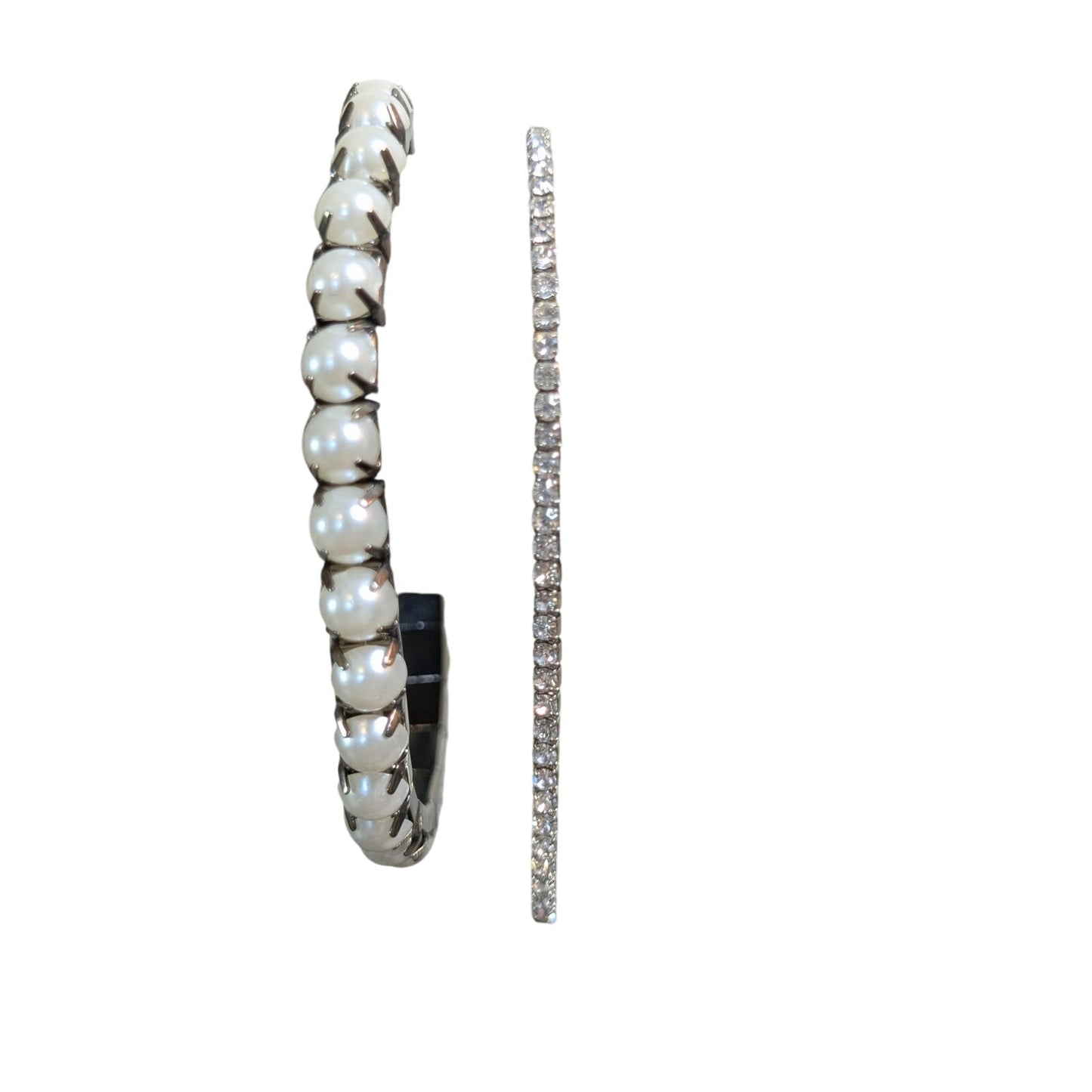 Lot of Two Silver Tone Rhinestone Fold Over Clasp & Faux Pearl Stretch Bracelets