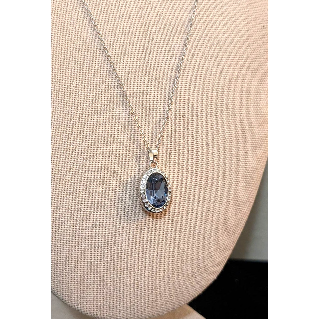 JCM Purple Blue Bezel Set Pendant with Rhinestones On Silver Tone Chain