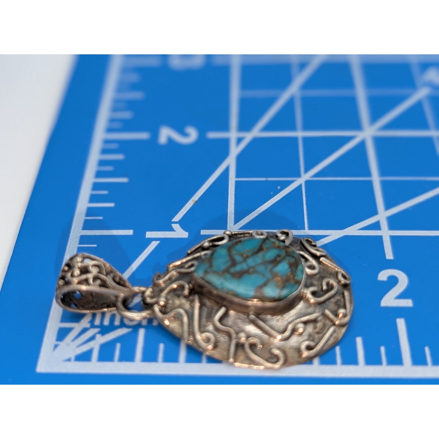 Vintage Teardrop Turquoise 925 Sterling Silver Squiggle Design Pendant (Only)
