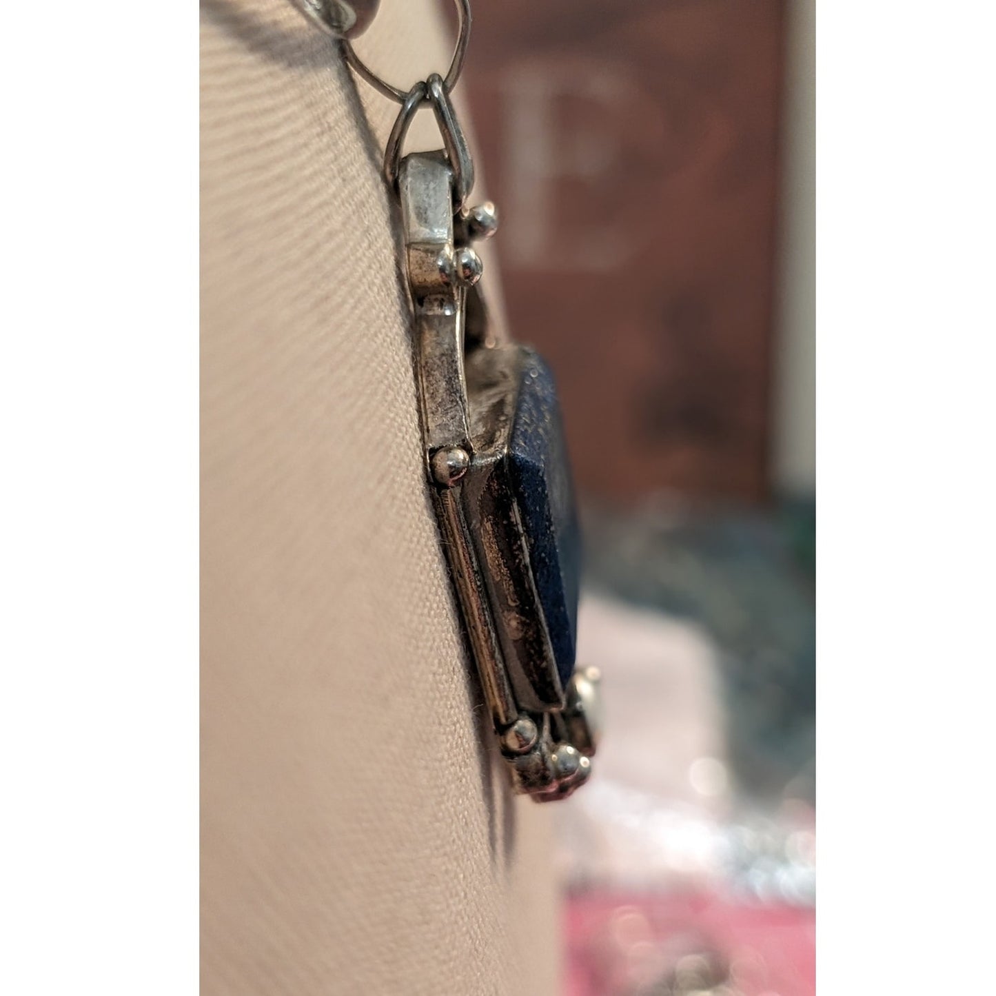 Chunky Lapis Lazuli Pearl Pendant on Mexican Sterling Silver Hook Clasp Collar