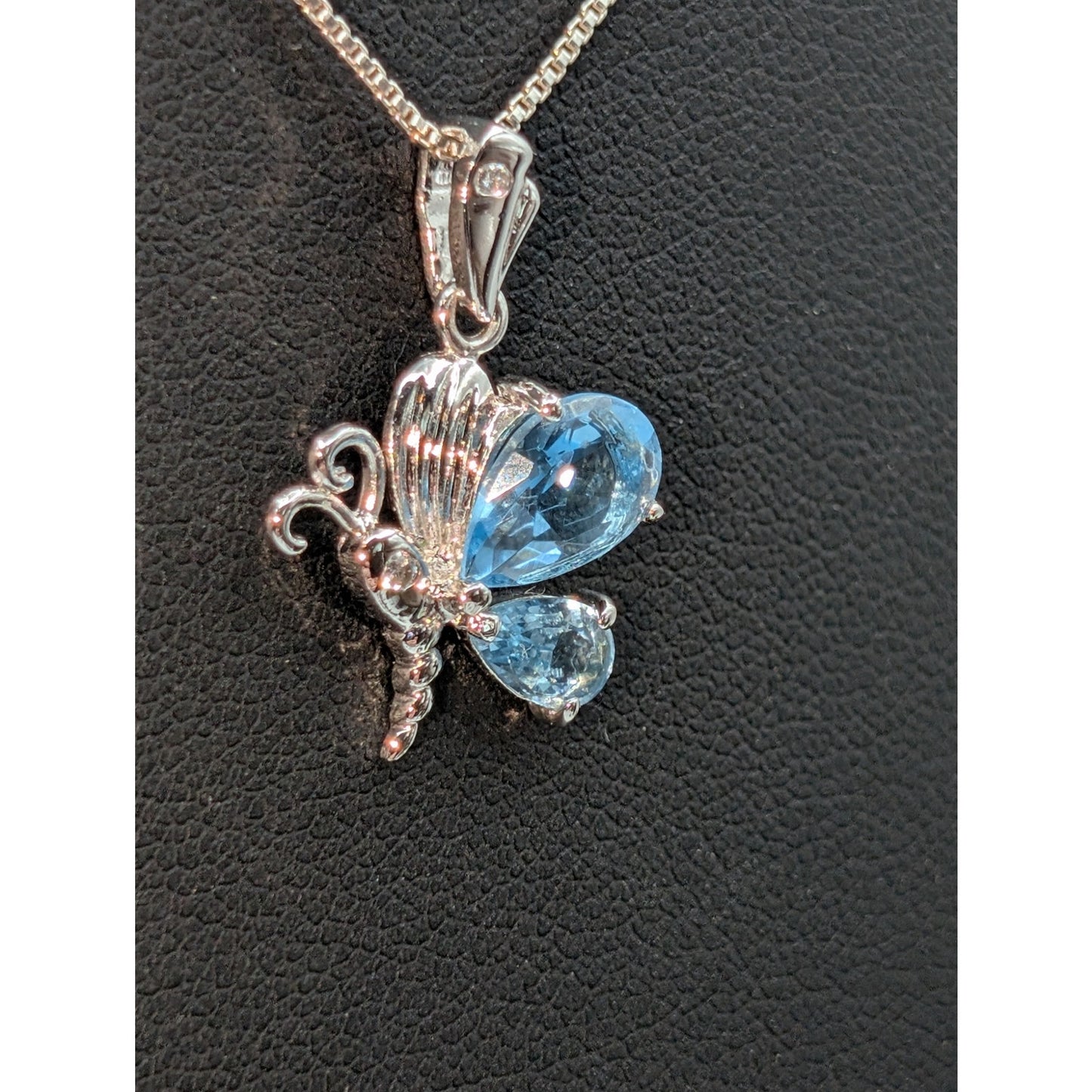 Blue Glass 925 Sterling Silver Butterfly 16" Box Chain Necklace