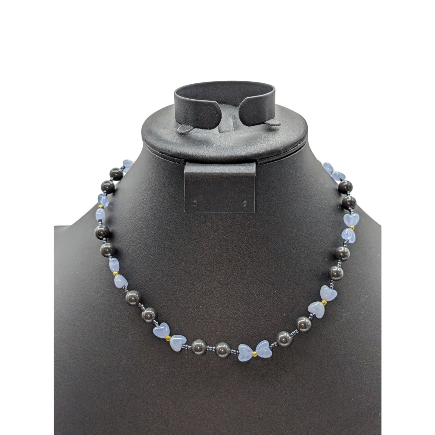Vintage Gray Glass & Light Blue Heart Bead 18" Barrel Clasp Necklace