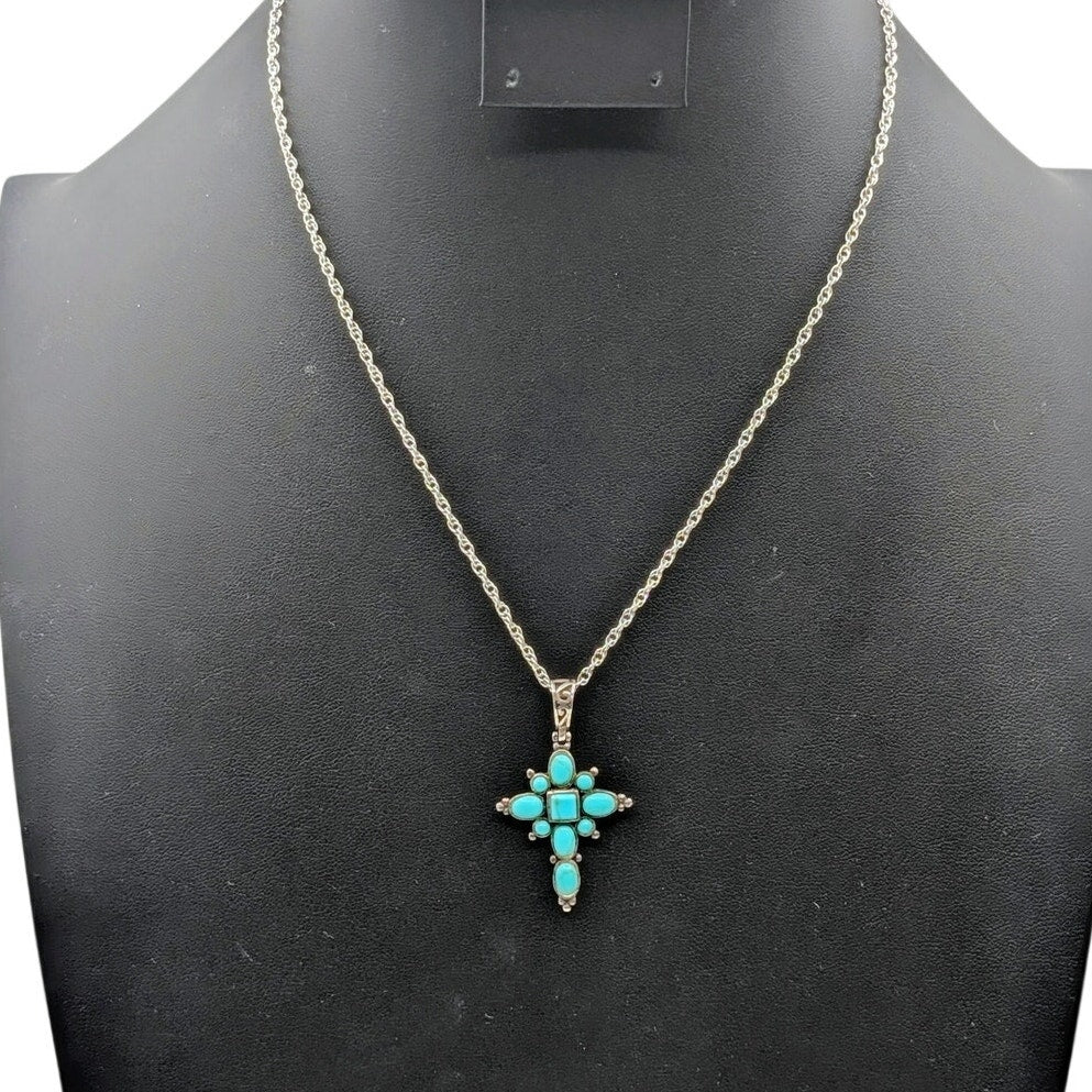 Vintage Joseph Cleary Turquoise Sterling 925 Cross Pendant 18" Chain Necklace