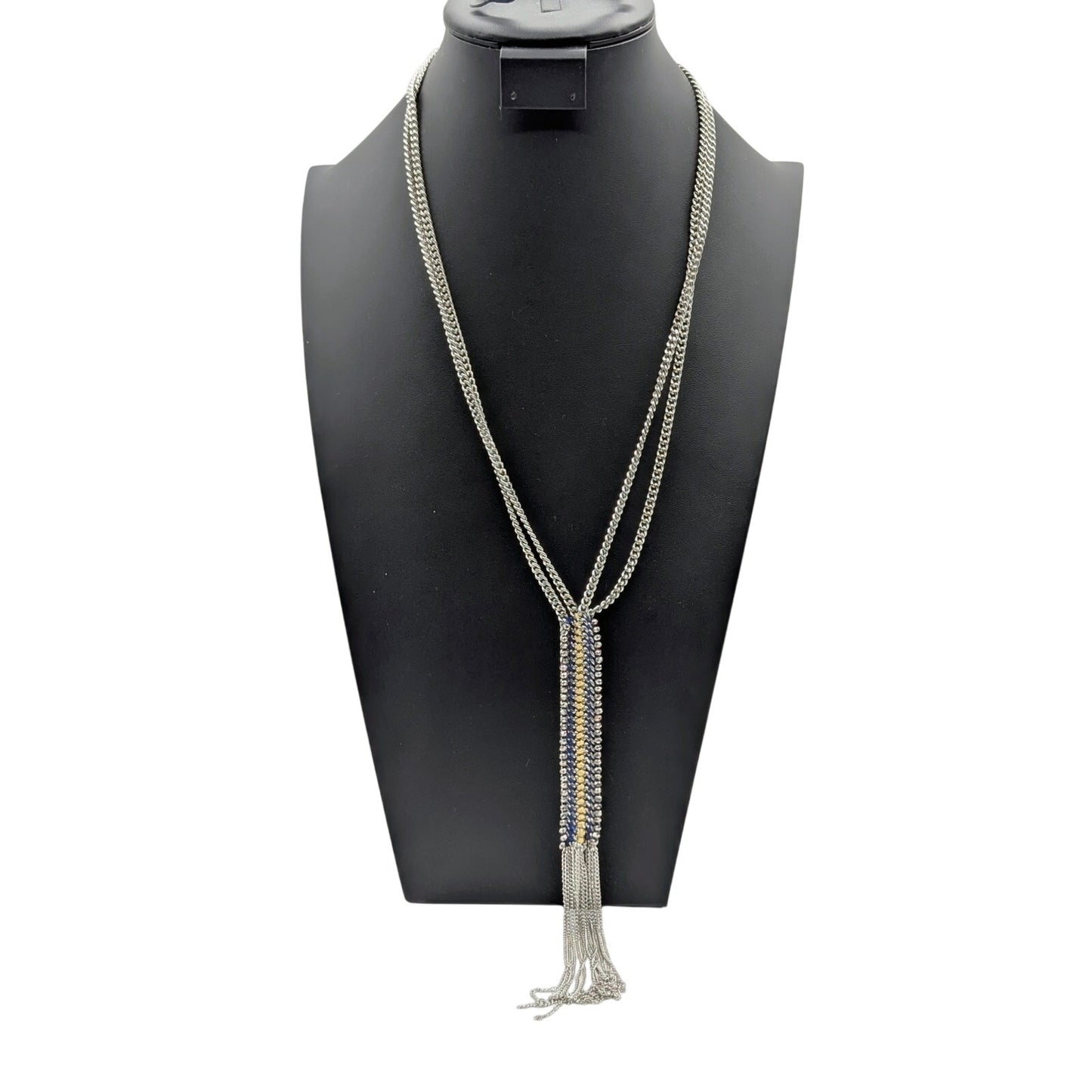 Stella & Dot Tessa Fringe Double Silver Tone Chain Long Tassel Necklace