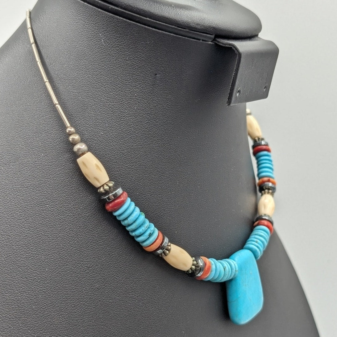 Vintage Liquid Silver Wire Southwestern Stone Beaded Necklace One Size Fits Most