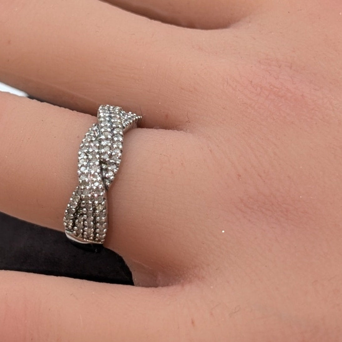 925 Sterling Silver Diamond Cross Over Band Ring Size 6.75
