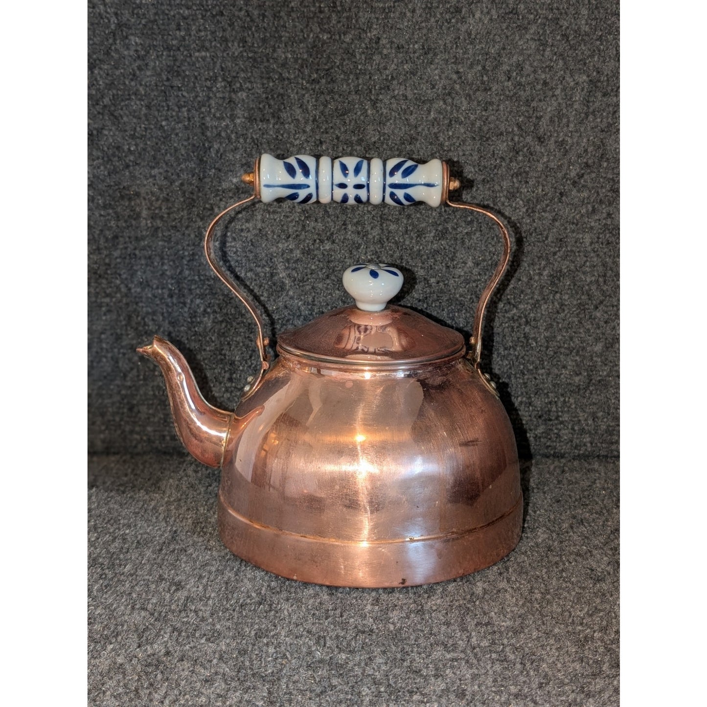 Vintage Antique Copper Tea Kettle W/ Blue White Ceramic Handle & Lid