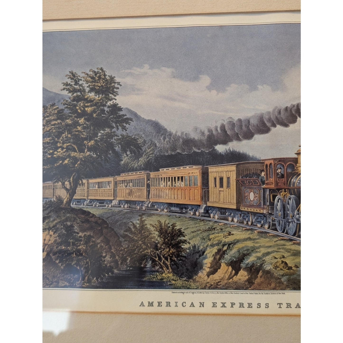 VTG 1884 Framed Currier & Ives Litho Print 'American Express Train' Under Glass