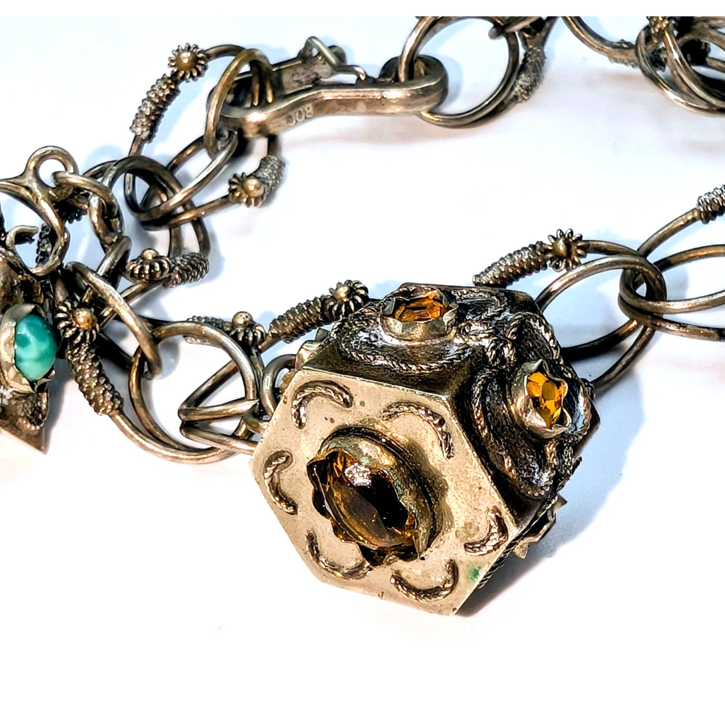 Antique Etruscan Revival 800 Silver Ornate Multi-Stone Charm Fob Bracelet