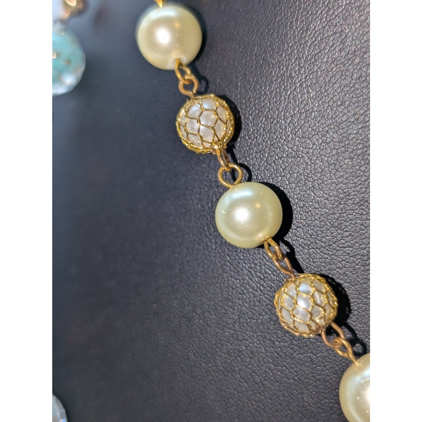 Vintage Blue Gold Glitter Glass Lampwork Pearl Gold Tone Chain Necklace Lot