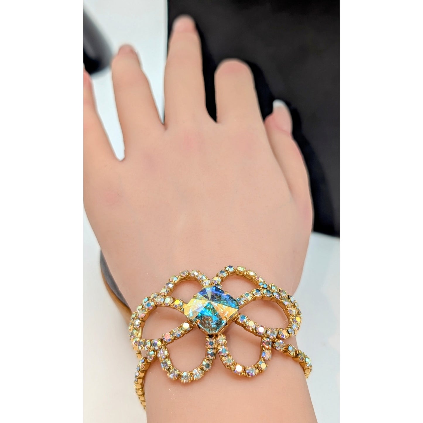 Vintage Mid-Century AB Crystal Rhinestone Gold Tone Bracelet W/ Safety Chain