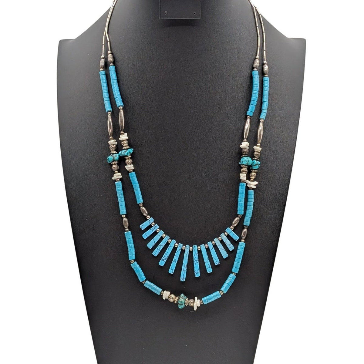 1970s Native American Liquid Silver Turquoise Double Strand Beaded Necklace