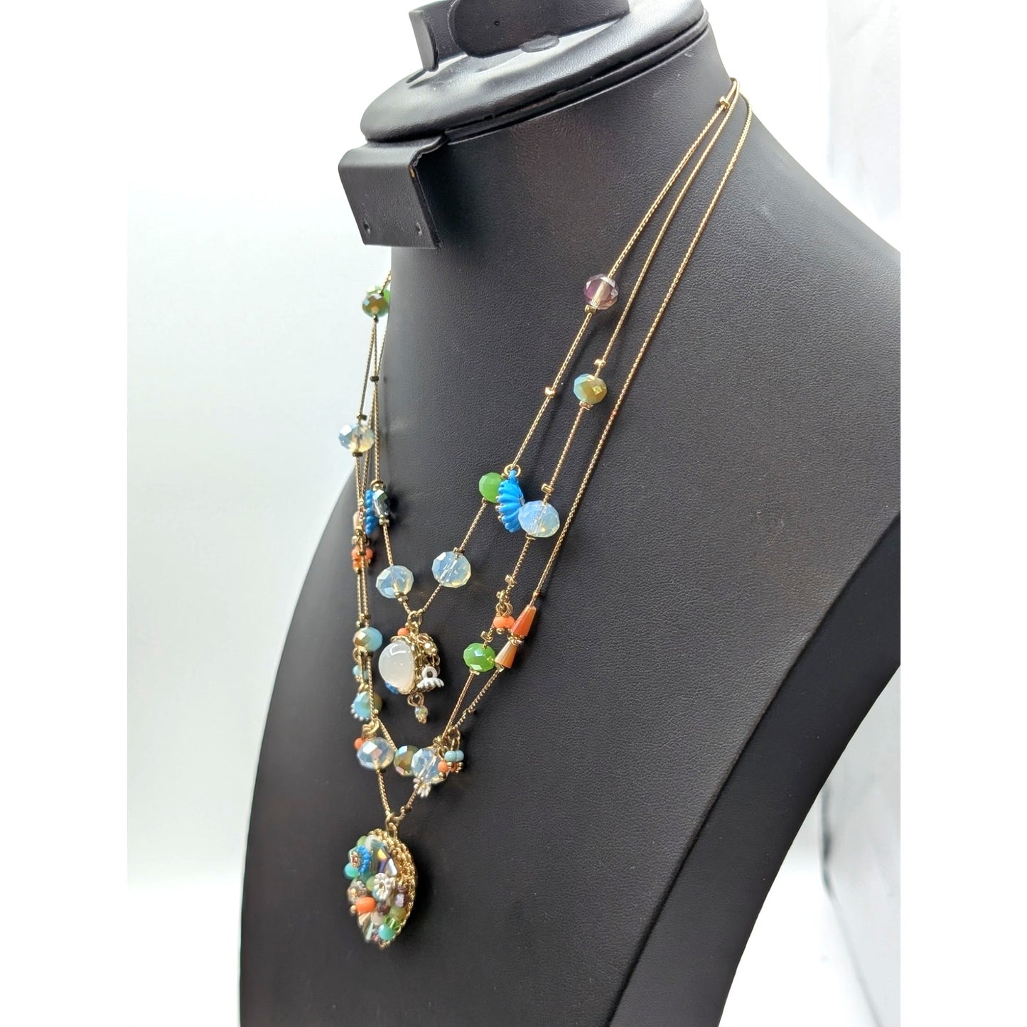 Betsey Johnson Three Strand Gold Tone Crystal Bead Studded Heart Necklace
