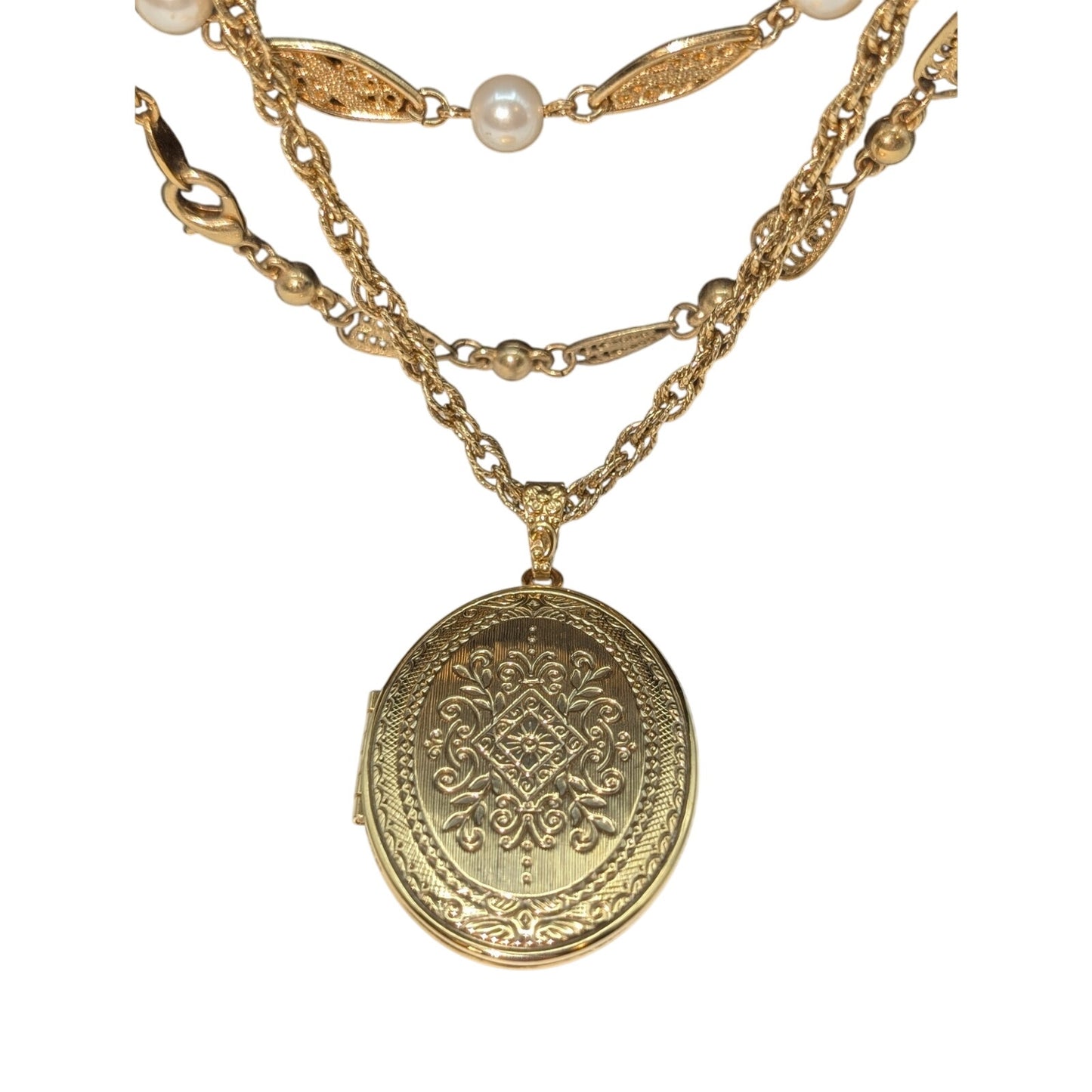 Lot of 4 Vtg Gold Tone Faux Pearl Fancy Chain Napier 1928 & Unbranded Necklaces