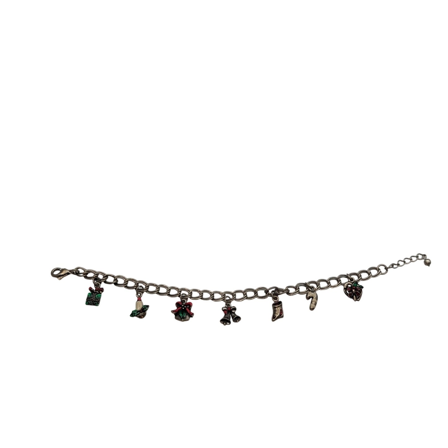 Vintage Silver Tone Double Curb Chain Link Christmas Charm 7"-8" Bracelet