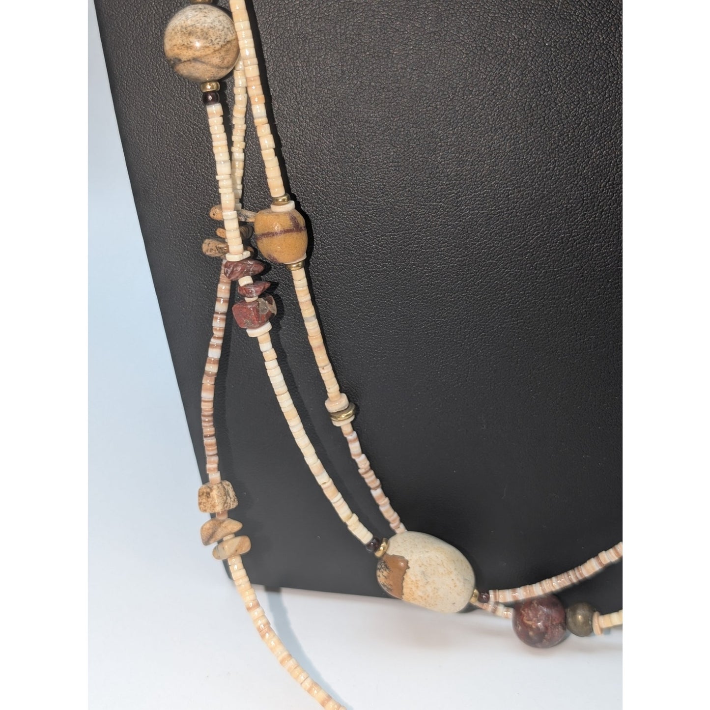 Vintage Three Strand Tiny Heishi Shell Bead Jasper Stone Station Long Necklace