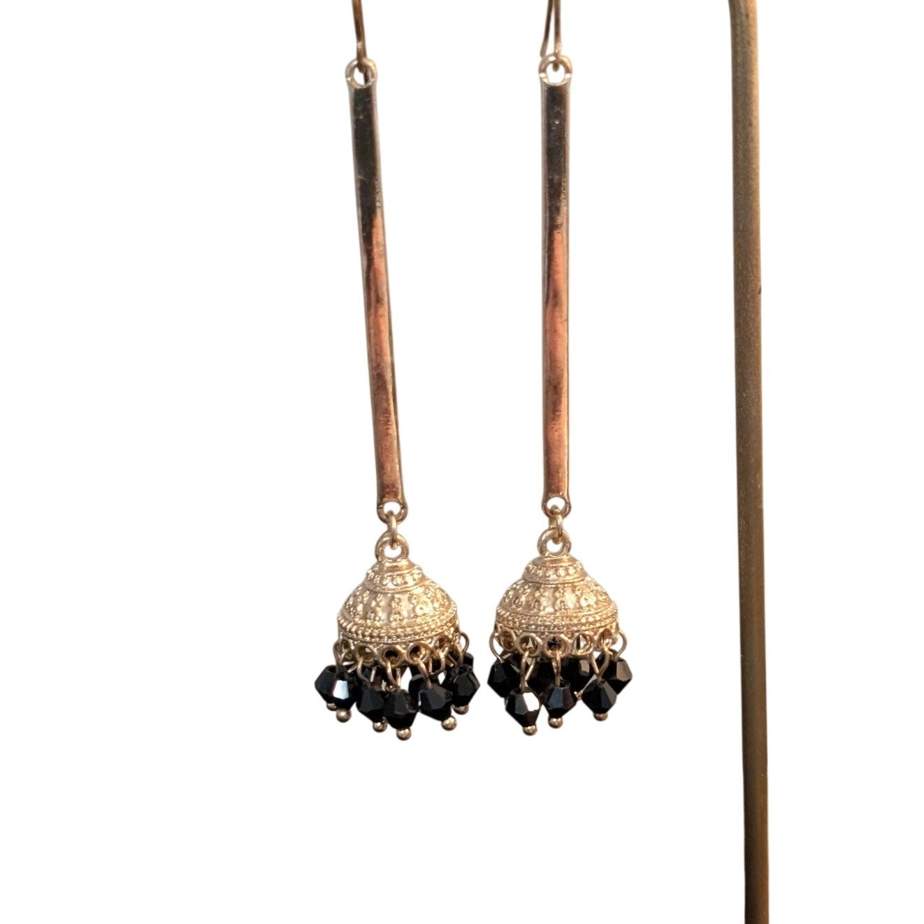 Indian Inspired Black Crystal Long Bar Dangle Earrings
