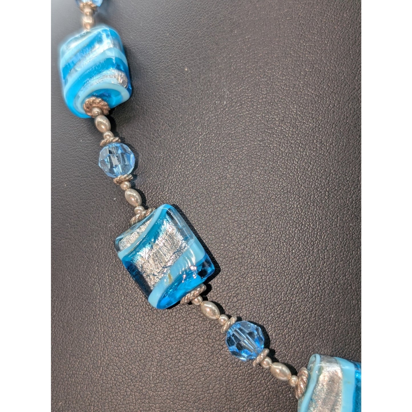 Vintage LCG 925 Sterling Silver Blue Striped Foil Murano Bead 18"-21" Necklace
