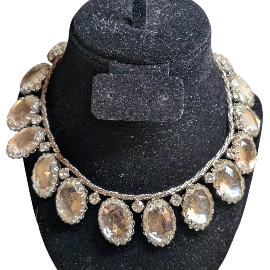 SCHREINER Rare New York Glass Cabochon & Silver Braided Chain Vintage Necklace