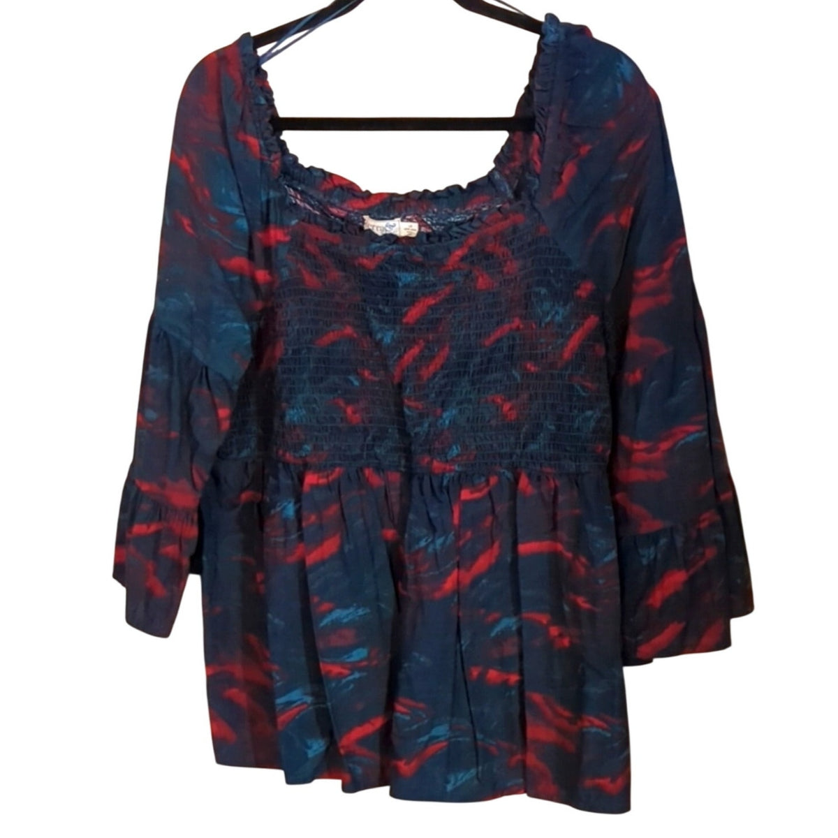Terra & Sky Womens Plus Size 1X Smock Top Blouse Square neck Bell Sleeve