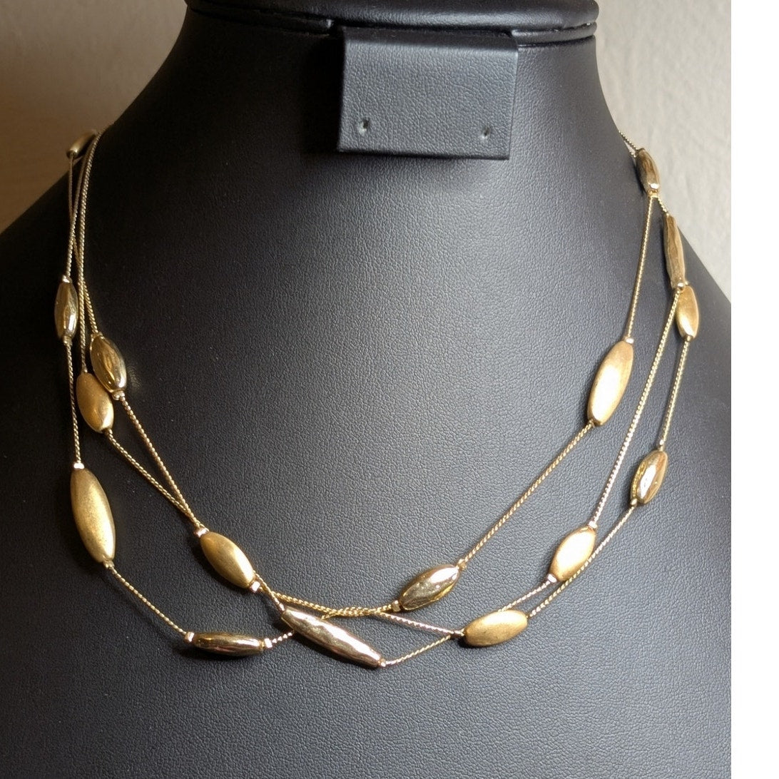 Layered 3-Strand Oval Brushed & Polished Gold Tone Toggle Clasp Chain Necklace
