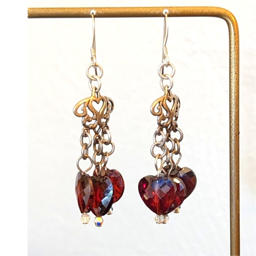 925 Sterling 'Bleeding Heart' Three Faceted Crystal Garnet Color Dangle Earrings