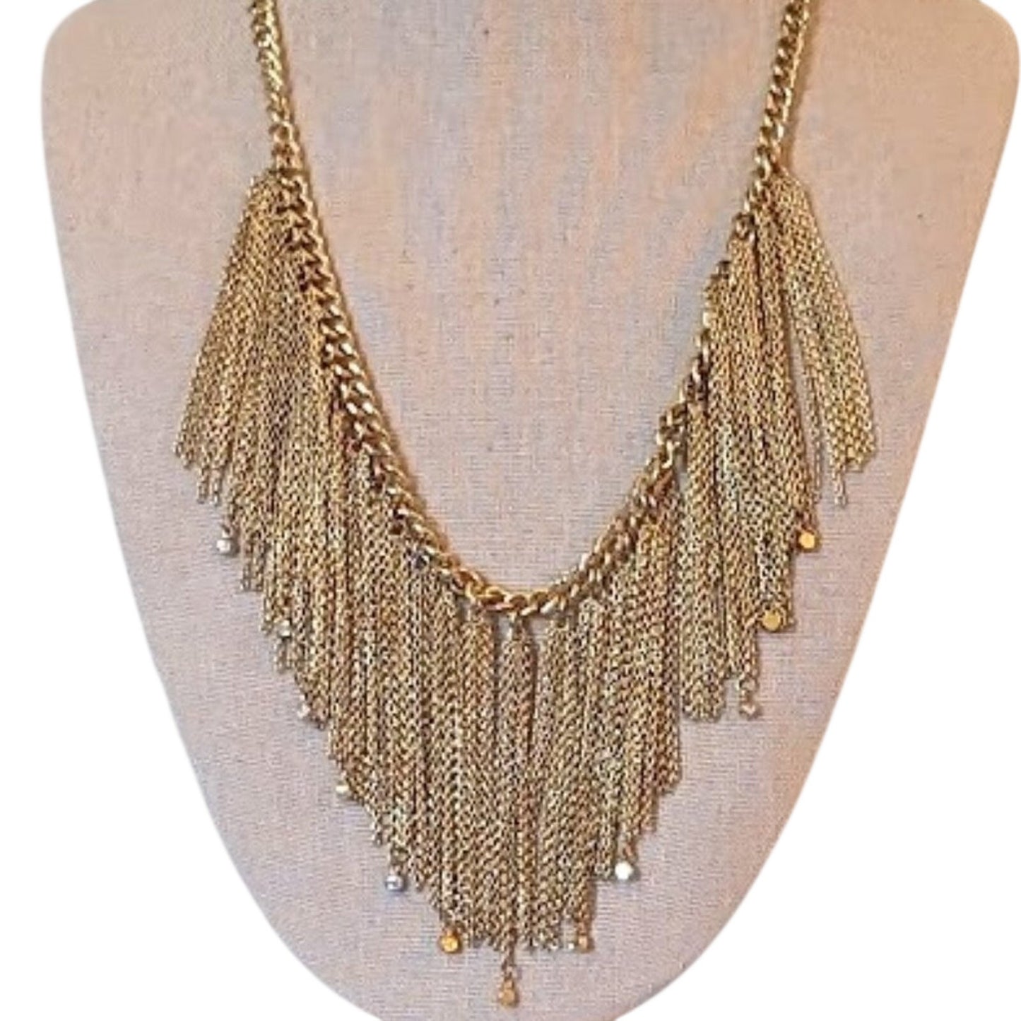 ABS Allen Schwartz Gold Tone Fringe Necklace  with Rhinestone Dangles