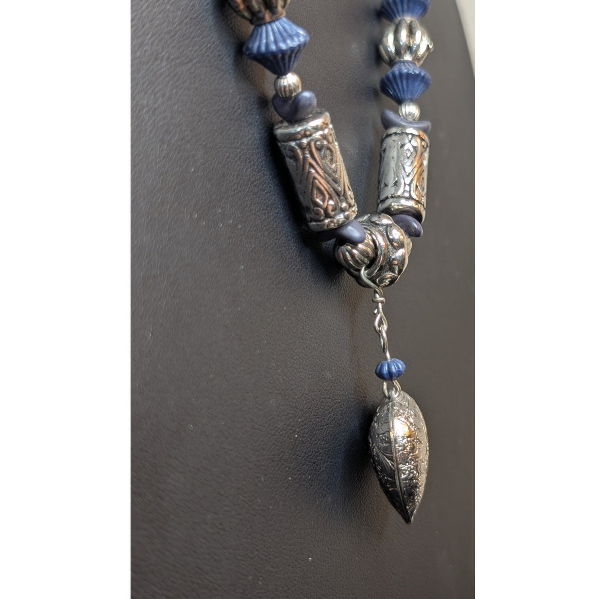 Etched Silver Tone Puffed Heart Dangle Pendant Blue Bead Bugle Bead 24" Necklace