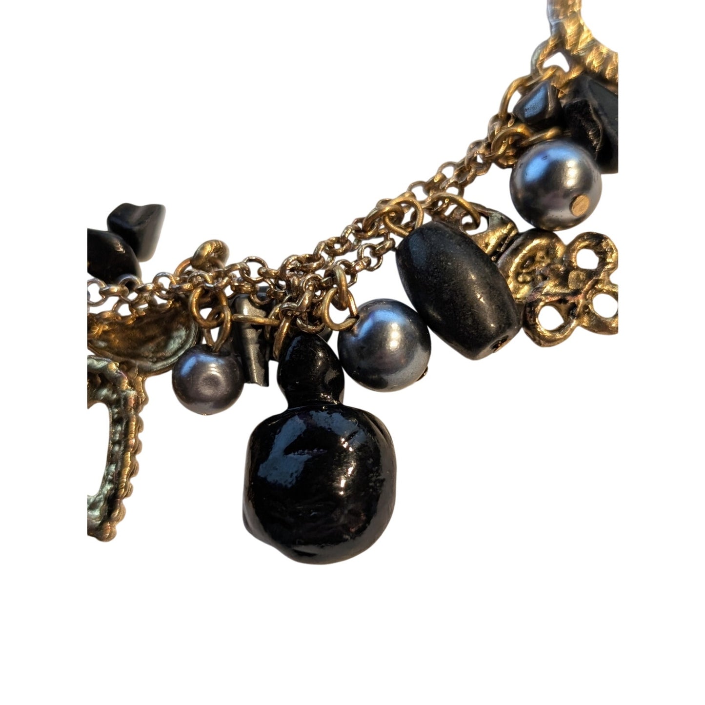 Vintage Antique Gold Tone Carved Glass Animal Gray Pearl Charm Toggle Bracelet