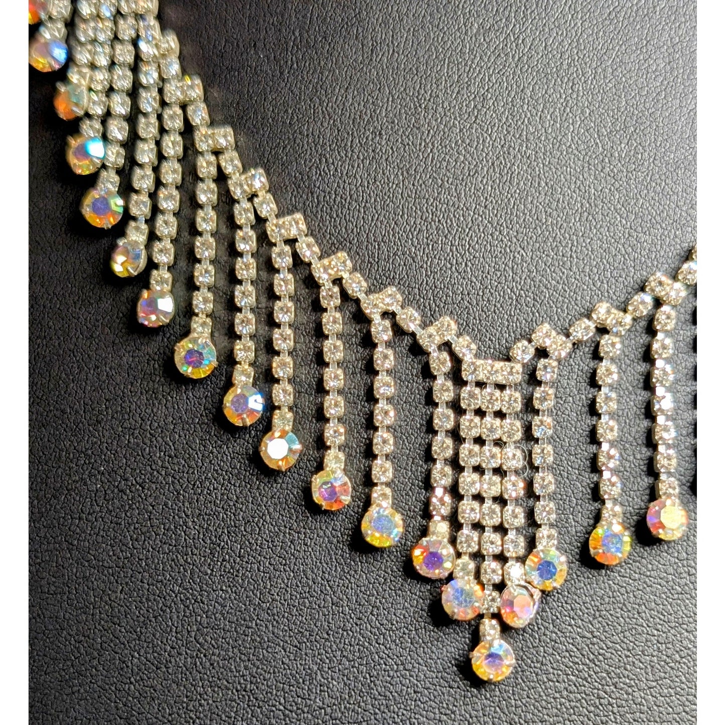 Rhinestone AB Crystal Fringe Dangle Silver Tone 17"-18" Necklace