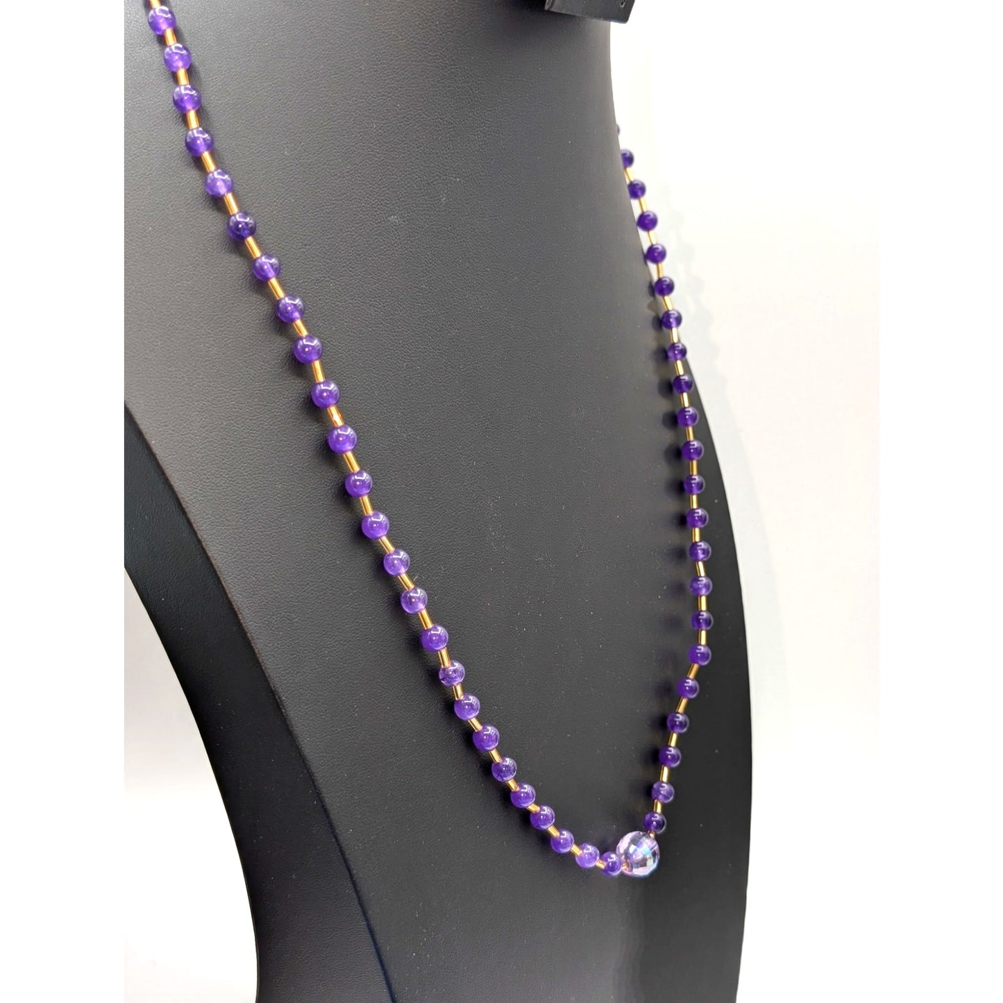 Amethyst Stone & Faceted Crystal Center Bead Gold Tone Toggle Clasp 28" Necklace