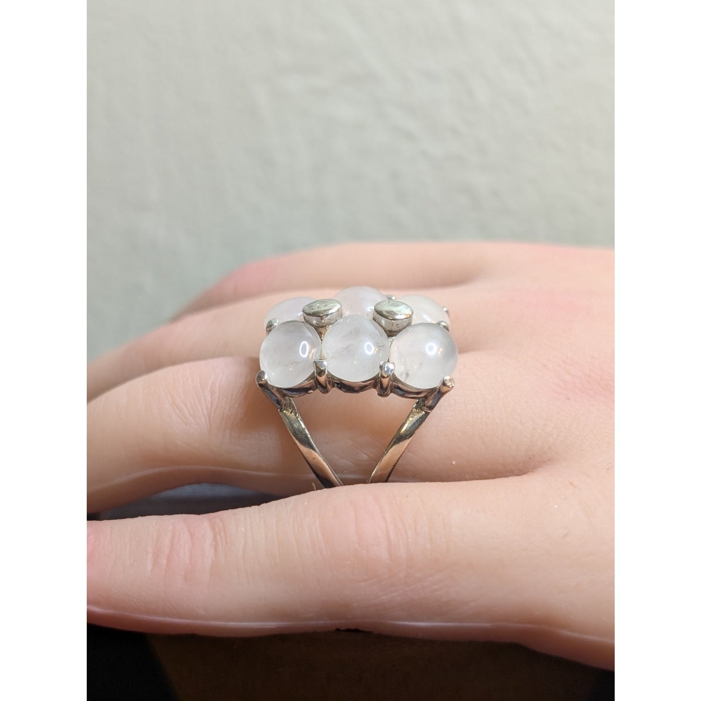 Large Six Quartz Stone 925 Sterling Silver Split Shank Ring Size 7.5