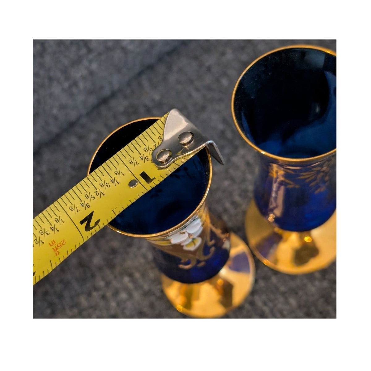 Vtg 50s 2 Cobalt Stem Sherry Glasses Tre Fuochi Murano Italy Venetian Heavy Gilt
