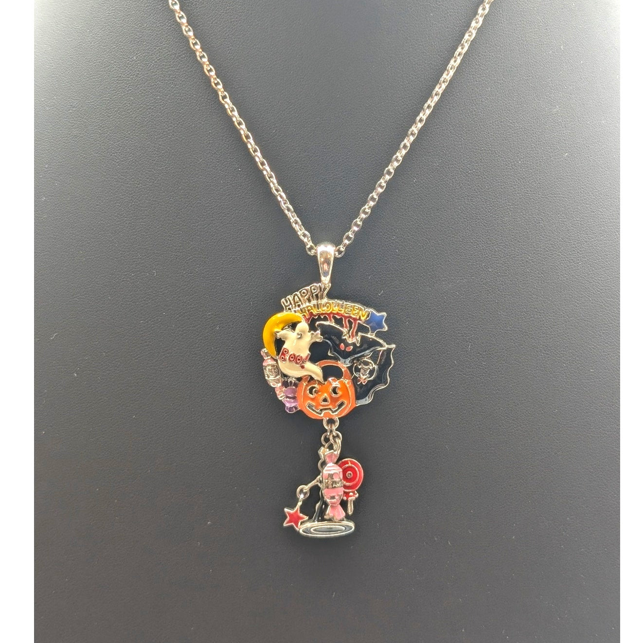 Happy Halloween Pumpkin Boo Ghost Bat Vampire Enamel Silver Tone 17" Necklace