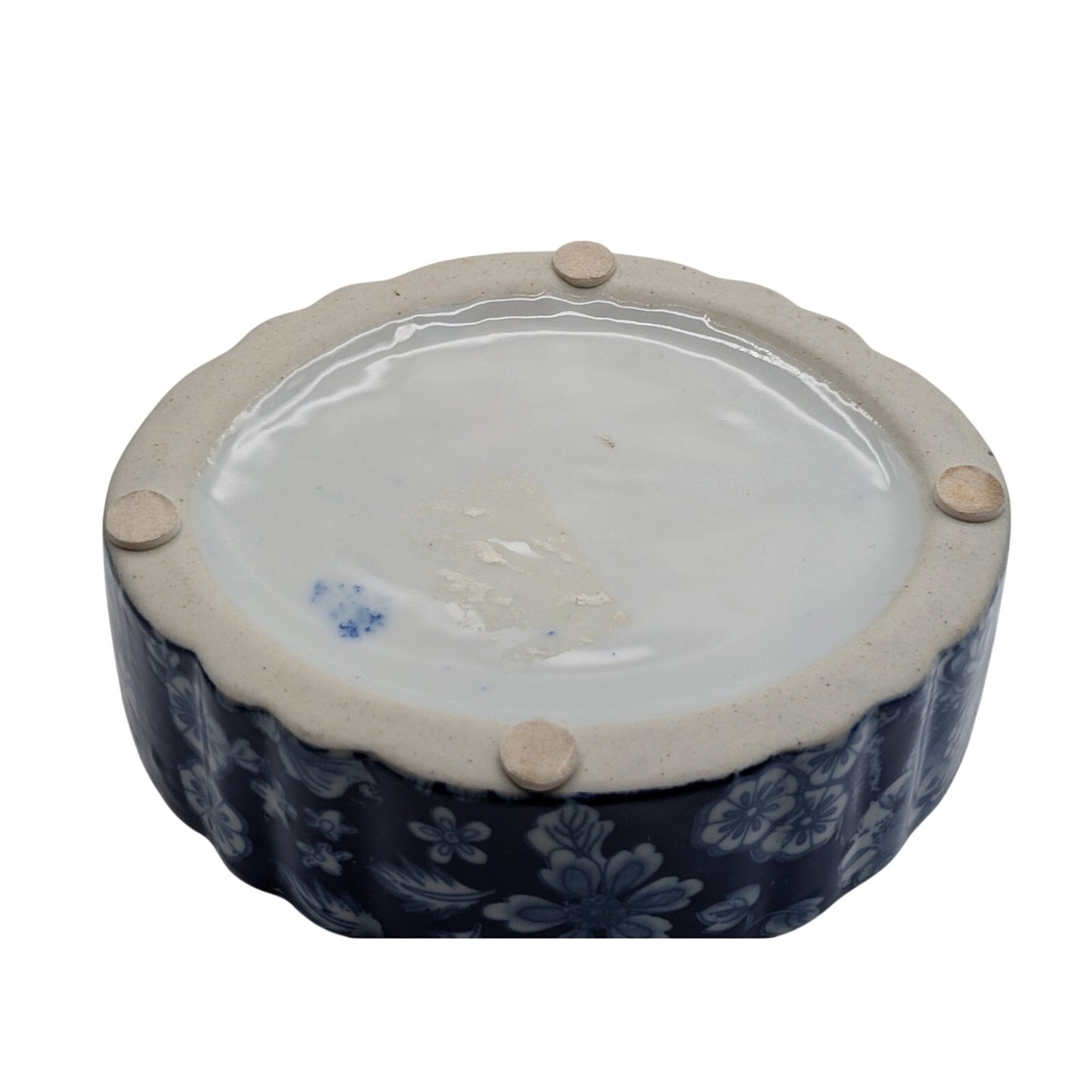 Vintage Blue & White Floral Butterfly Ceramic Trinket Box W/ Lid